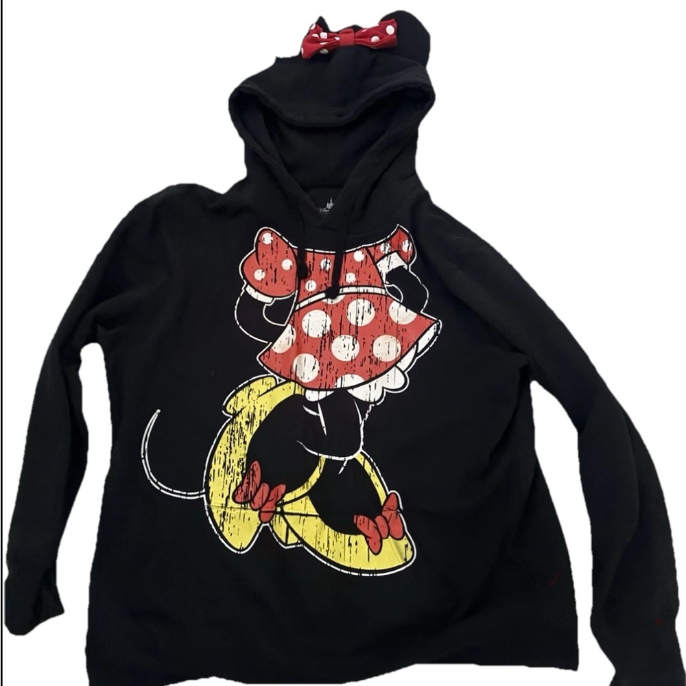 Disney Parks Minnie Mouse Ears & Bow Black Hoodie Sweatshirt Graphic Print XXL